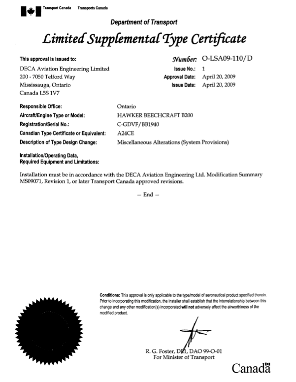 Un document officiel en noir et blanc intitulé « Certificat de type supplémentaire limité », émis par le ministère des Transports du Canada, détaillant l'autorisation de modification aéronautique pour le Hawker Beechcraft B200, y compris diverses modifications et dispositions relatives aux systèmes, comportant des signatures et le logo du gouvernement du Canada.
