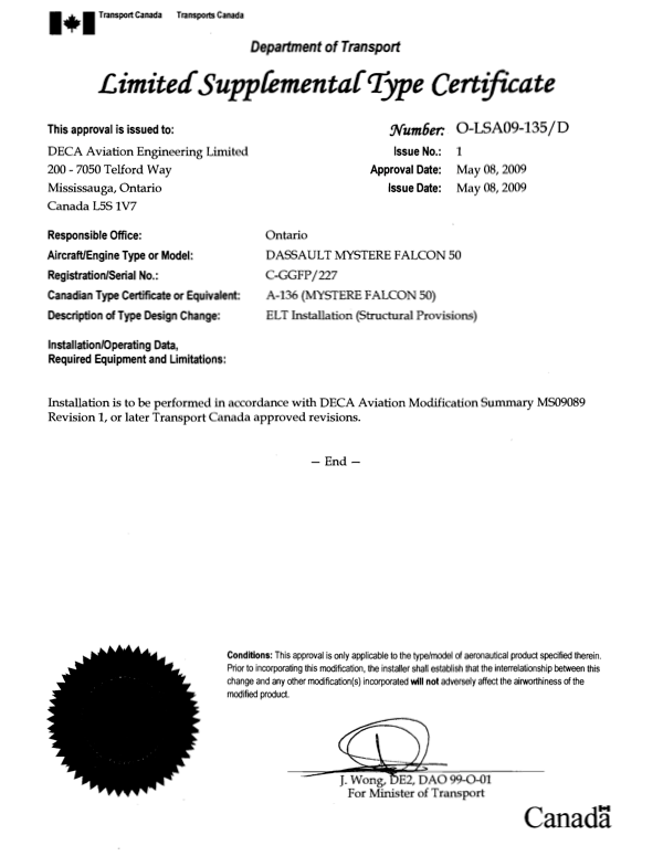 A Canadian Limited Supplemental Type Certificate from the Department of Transport for DECA Aviation Engineering, approving an ELT installation as an aircraft modification on a Dassault Falcon 50, dated May 8, 2009.