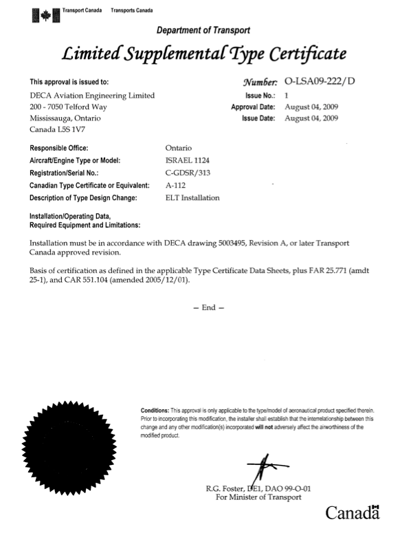 A Transport Canada Limited Supplemental Type Certificate for DECA Aviation Engineering Ltd. approving ELT installation on an IAI Westwind 1124 aircraft, dated August 4, 2009, with official stamps and signatures.