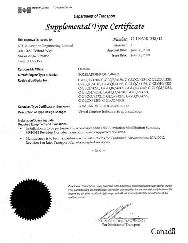 A Department of Transport Supplemental Type Certificate document for DECA Aviation covers Bombardier and De Havilland DHC-8-400 aircraft, detailing installation procedures, certificate approval, visual indicator strap modifications, and includes Transport Canada and Canada logos.