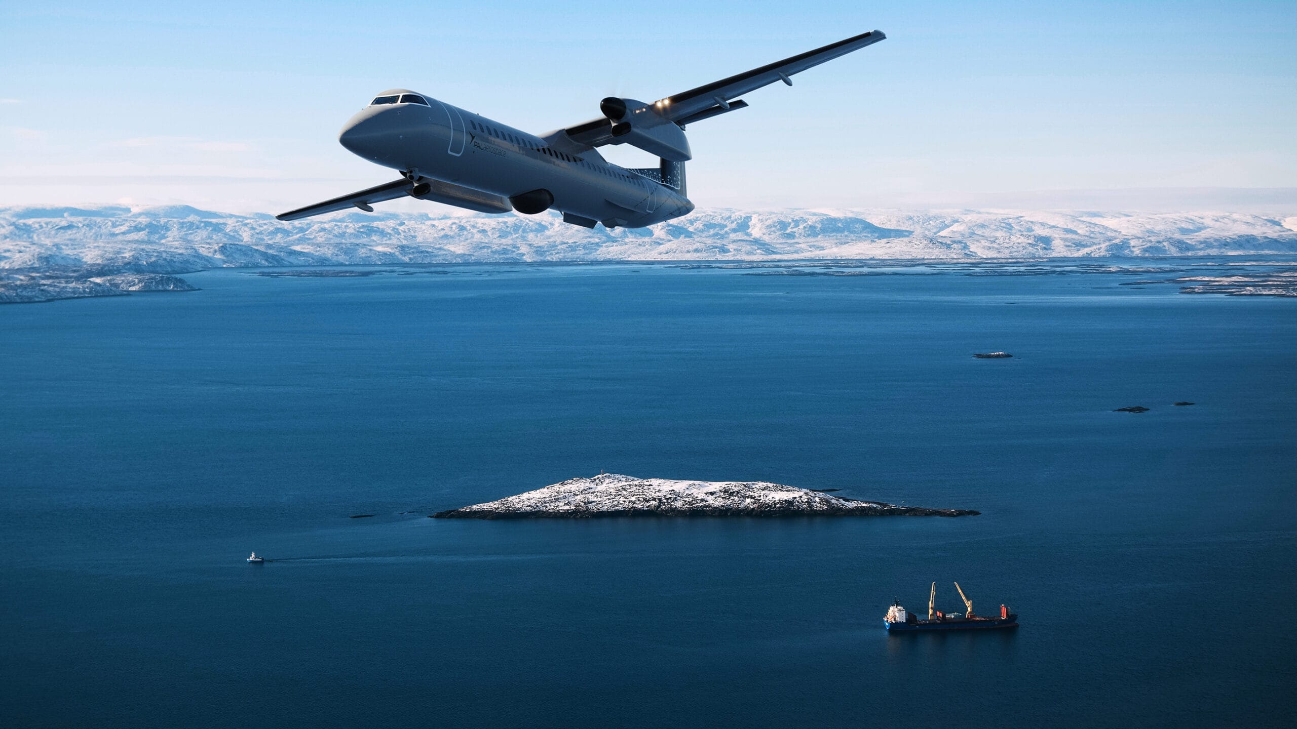 A DHC-8-400 Arctic surveillance aircraft flies over a deep blue sea near Canada, with snowy islands below. In the water, a cargo ship and a smaller boat are visible, framed by snow-covered mountains under a clear sky.