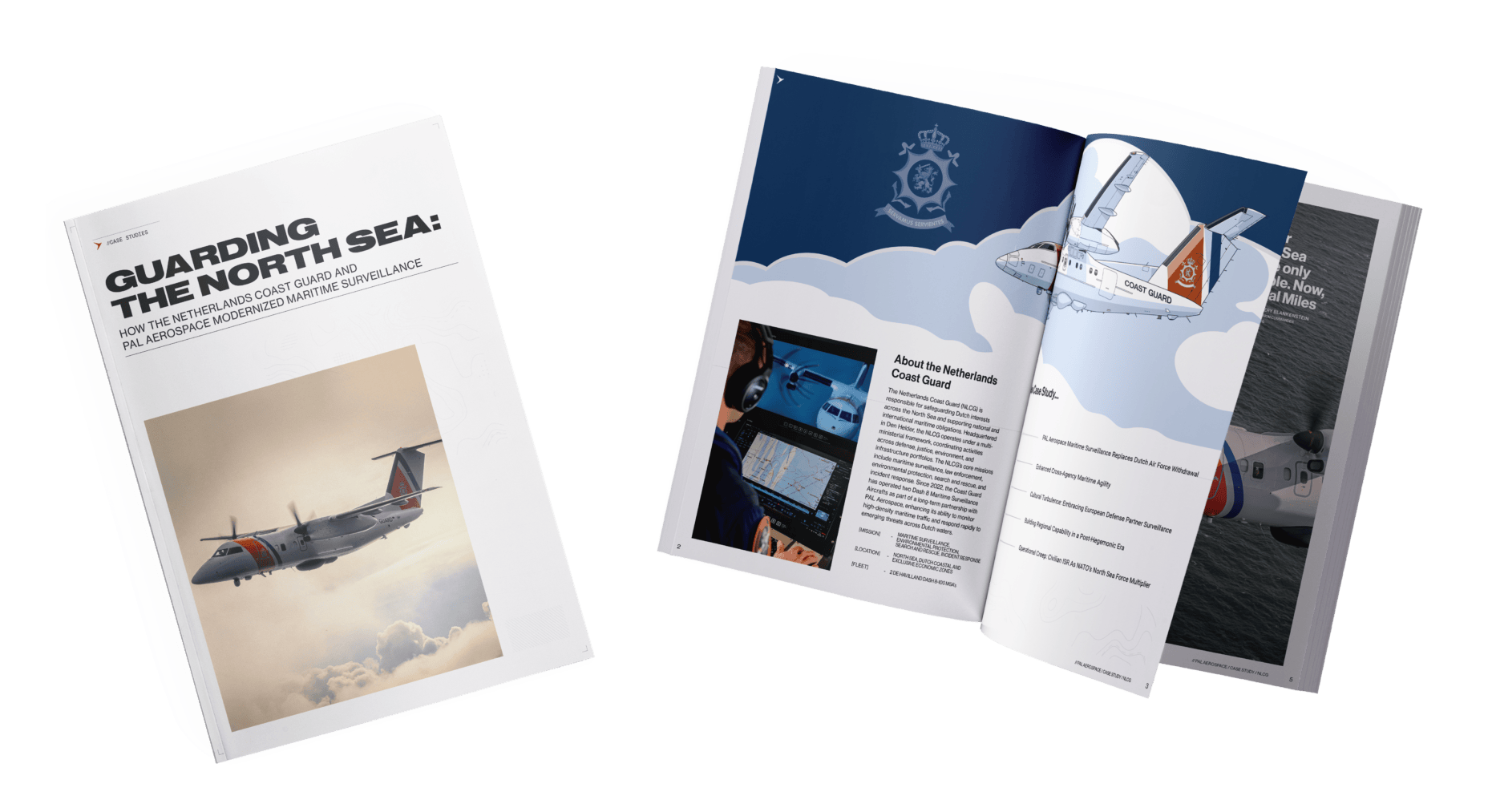 Dos páginas dobles de la revista incluyen artículos sobre vigilancia aérea y marítima —entre ellos, un caso práctico de la NLCG—, además de imágenes de un avión en vuelo, ilustraciones detalladas y gráficos sobre las operaciones de patrulla en el Mar del Norte. Descárgalas para obtener información detallada.